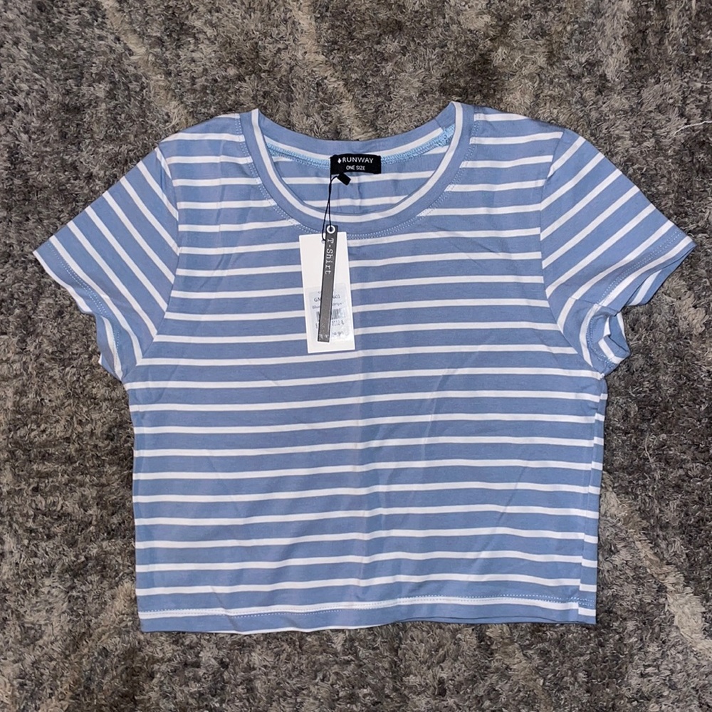 Light blue with thin horizontal white stripes. Crop top. One size. Runway.